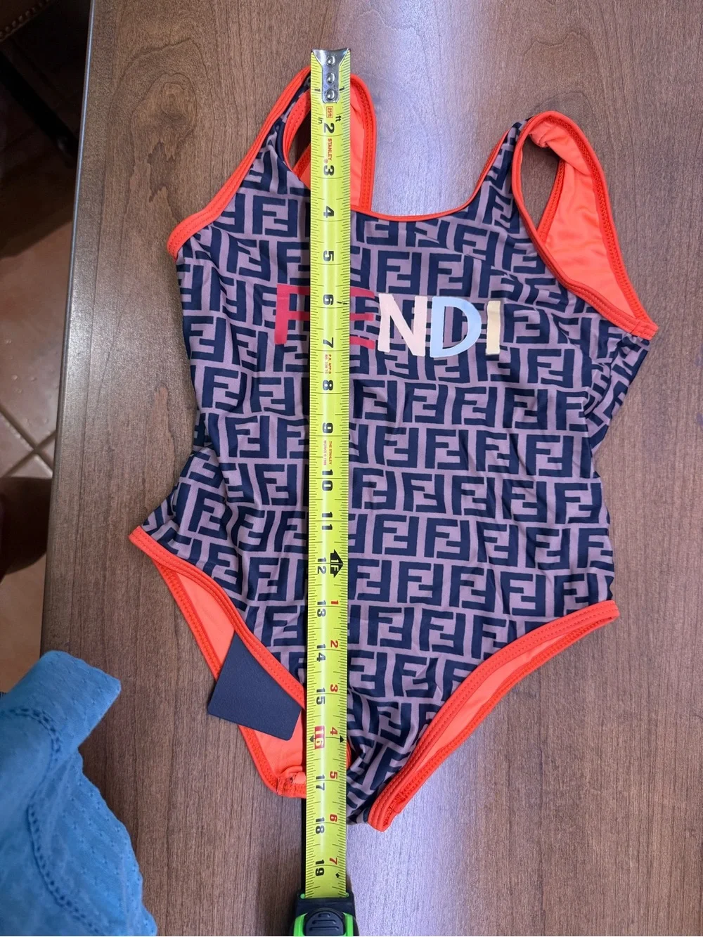 Fendi Kids Navy Monogram One-Piece Swimsuit with Orange Trim and Multicolor Logo
